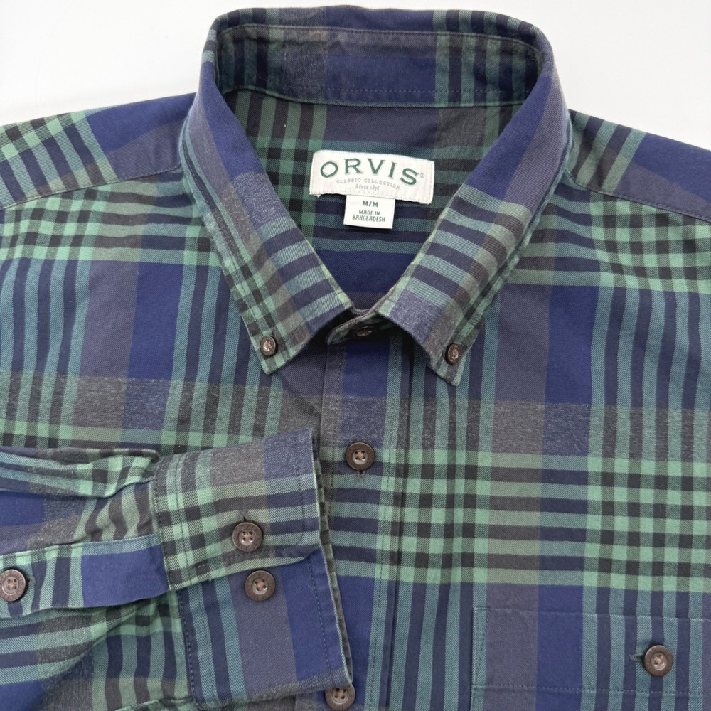 Orvis Button Down Shirt Mens Medium Green‎ Navy Plaid 100% Cotton 1223255